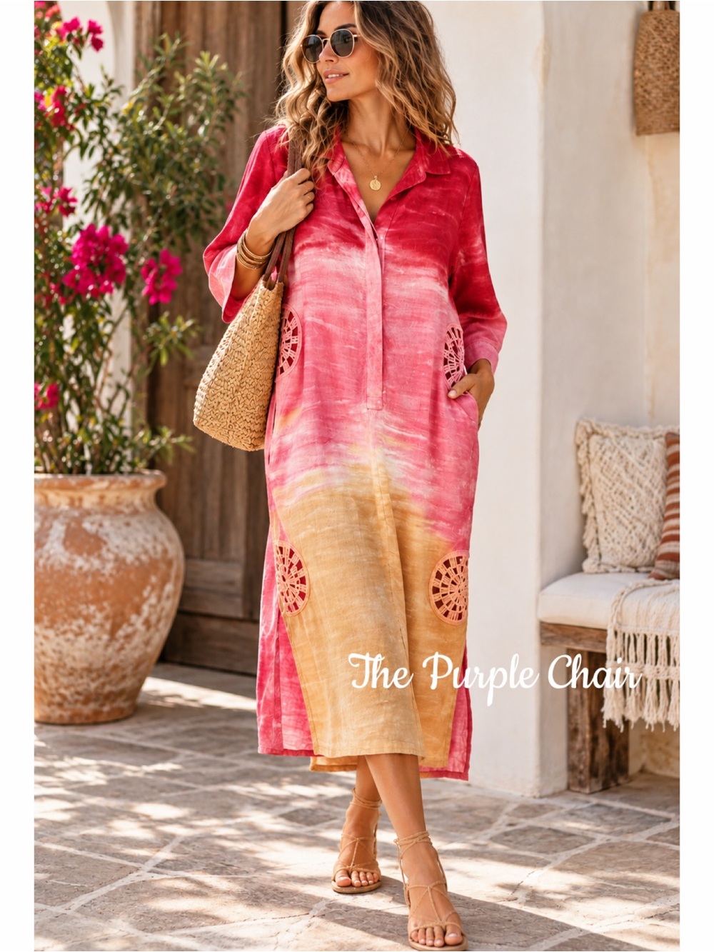 YF&B Boho Ombre Tie-Dye Linen Blend Crochet Cut-Out Dress M